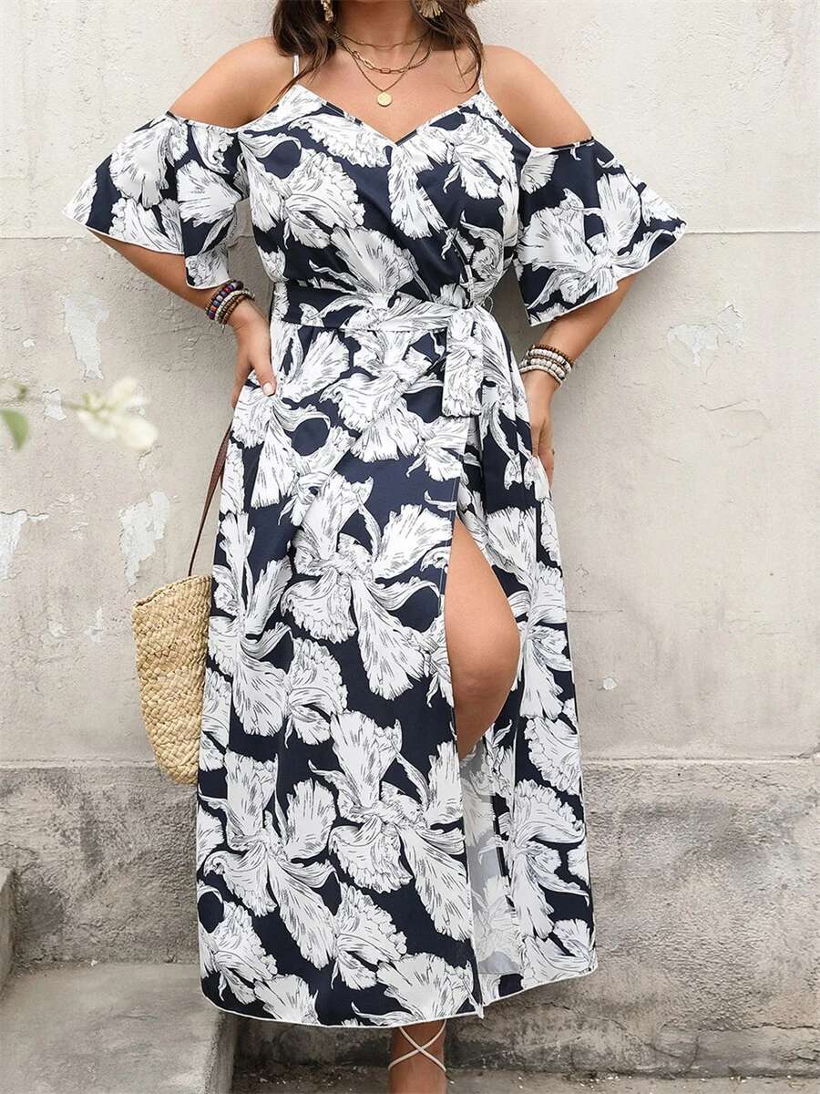 Women Plus Size Floral Print Maxi Dress with Ruffle Sleeves and v Neckline Elegant Belted Long Dress with High Side Split