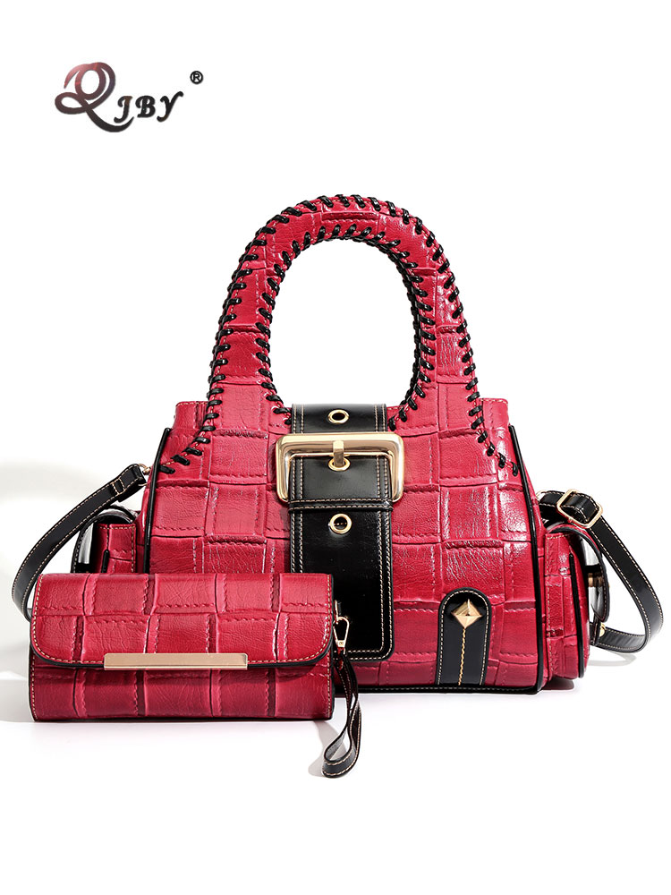 QJBY designer luxury brand high quality woven leather Boston women's handbag Large Capacity Multi-layer 2024 new in crossbody