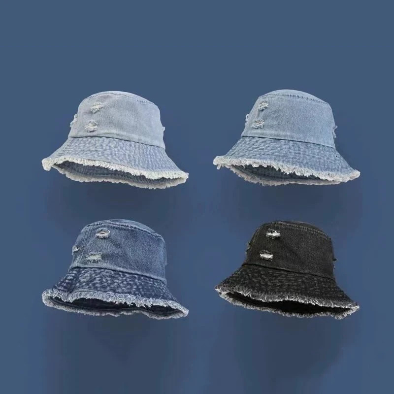 RICYGVM Japanese Retro Washed Denim Fisherman Hat for Women Sunshade Visors Fashion Wide Brim Bucket Cap Hip Hop Holes Basin Hat 250605