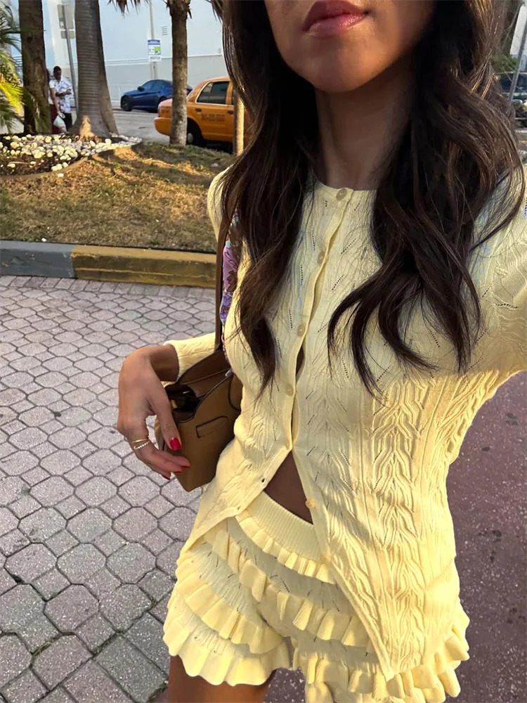 Tossy Summer Knit Ruffled 2 Piece-Set Shorts Female Patchwork Slim Casual Long Sleeve Sweater Cardigan And Womens Shorts Sets 250605