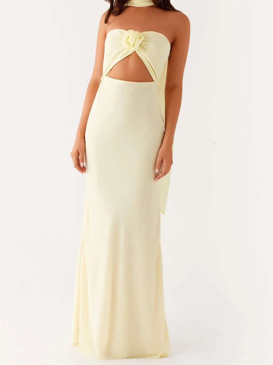 Womens Floral Print Bandeau Dress with Front Cutout and Matching Scarf - Sleeveless Off Shoulder Tube Top Summer Maxi Dress