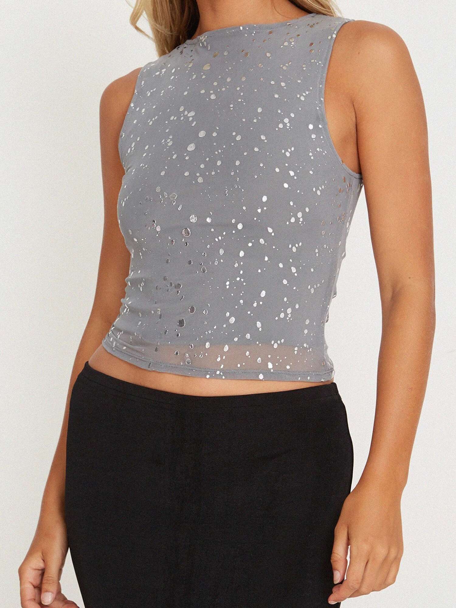 Womens Summer Sleeveless Crop Top with Shimmering Gold Foil Detail and Mesh Inserts for Chic Street Style Fashion