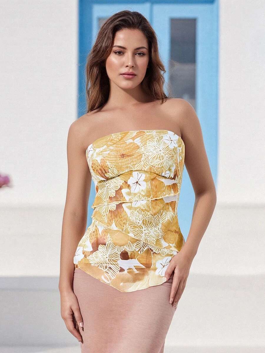 Floral Print Bandeau Tube Top Womens Summer Fashion Strapless Backless Shirt Streetwear Crop Top Beachwear Trendy Style