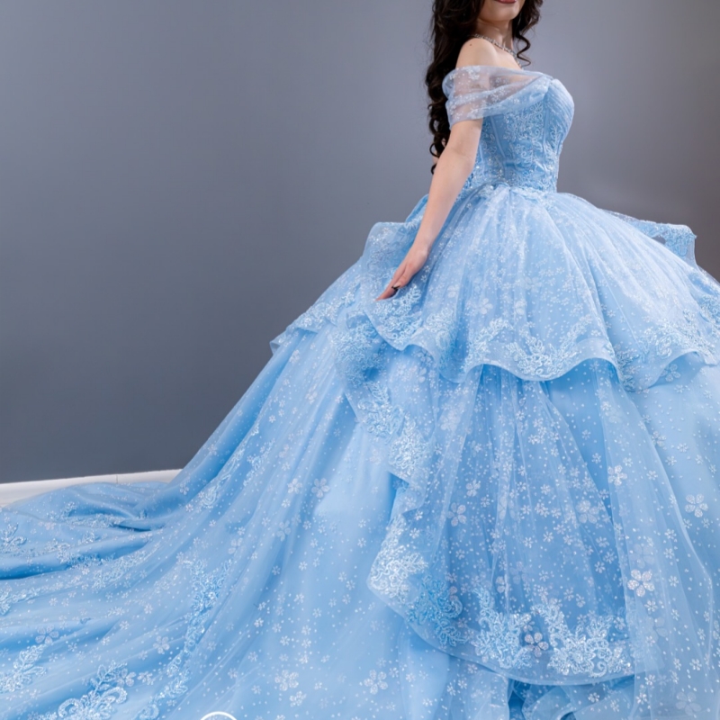 Sky Blue Shiny Quinceanera Dresses Ball Gown Off The Shoulder Sequin Applique Lace Beading Tull Sweet 16 Dress Vestidos 15 De Anos