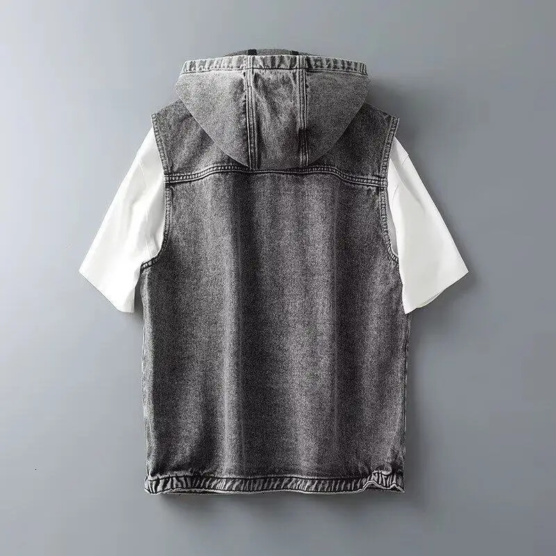 2025 Mens Korean Style Vest Fashion Slim Hooded Waistcoat Casual Sport Denim Sleeveless Jackets for Men 250530