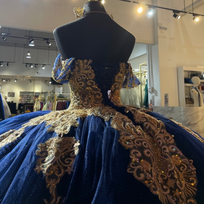Royal Blue Shiny Quinceanera Dresses Ball Gown Off The Shoulder Gold Applique Lace Beads Tull Sweet 16 Dress Vestidos 15 De Anos