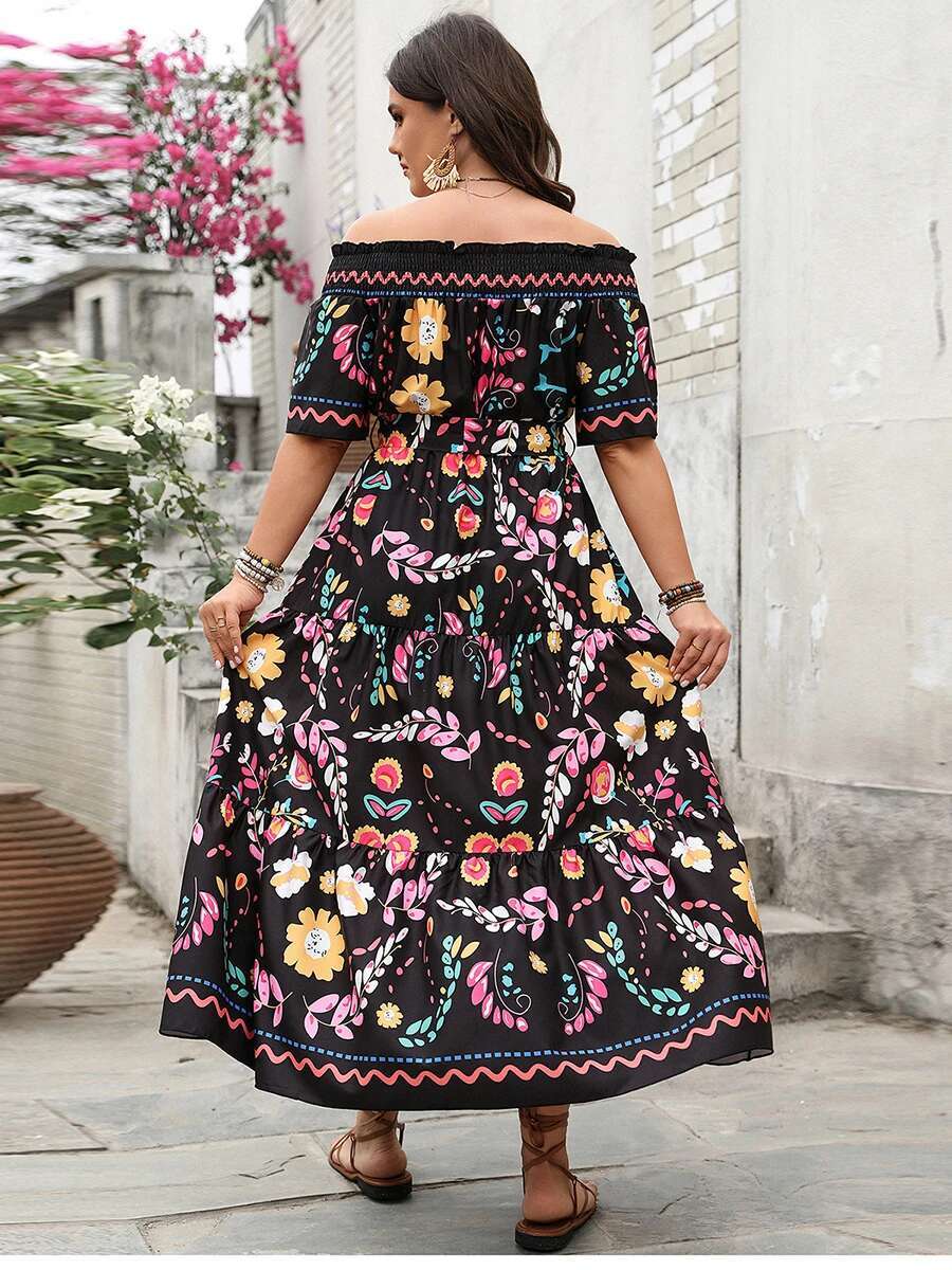 Womens Floral Print Off-shoulder Maxi Dress Elegant Summer Swing Dress for Beach Vacation or Special Occasions