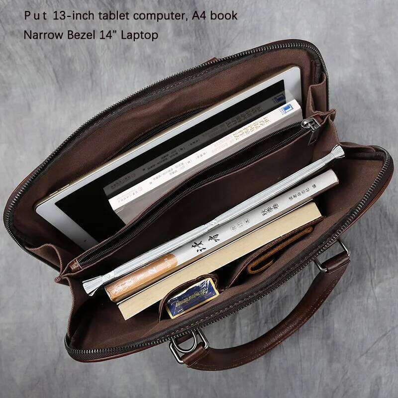 Vintage Men's Briefcase Top Layer Cowhide Casual Handbag Leather Business Shoulder Messenger Brown 14 Inch Laptop Bag NZPJ