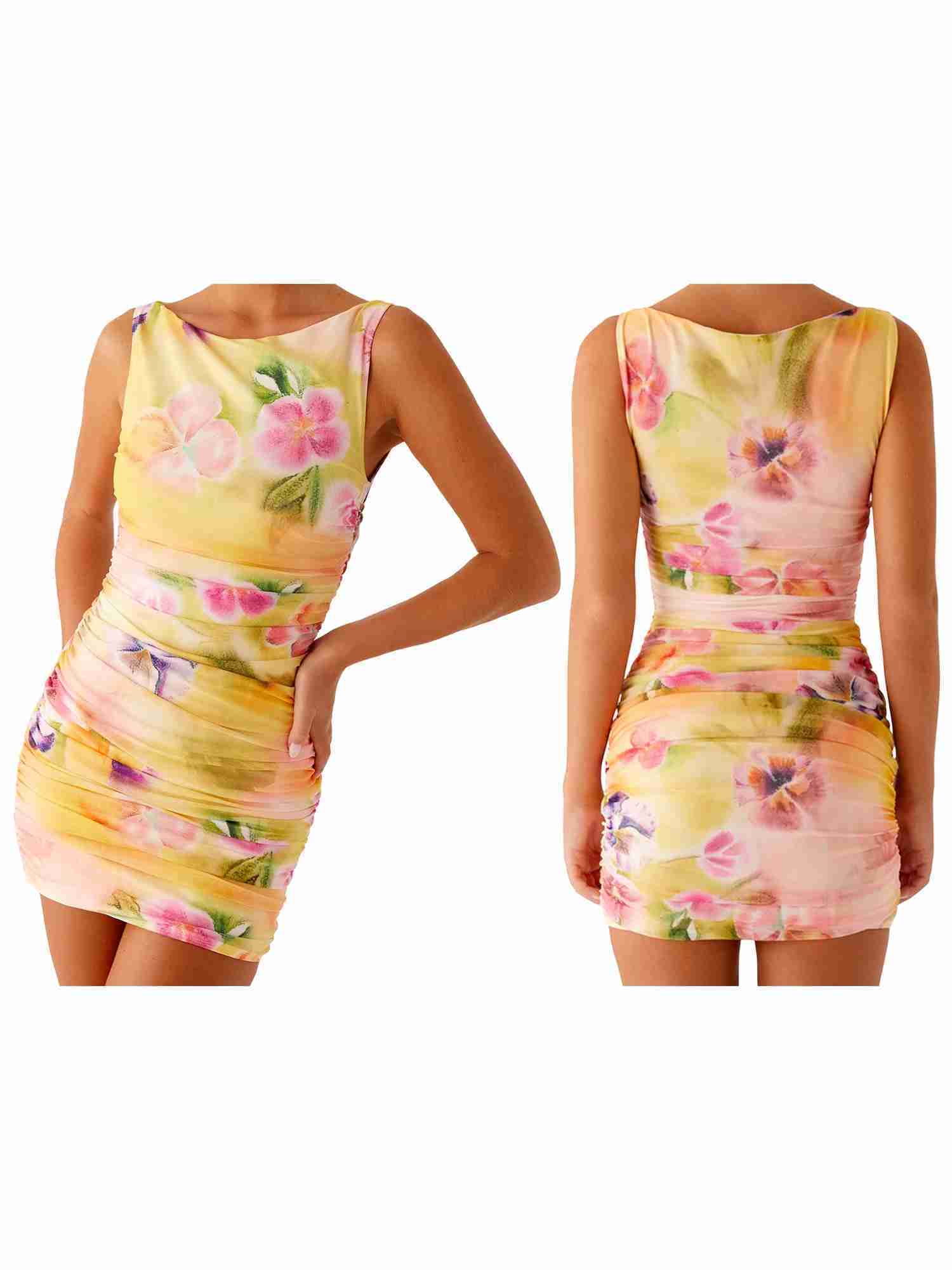 Womens Casual Sleeveless Floral Print Mini Dress Round Neck Ruched Summer Beach Sundress Above Knee Length Party Dress