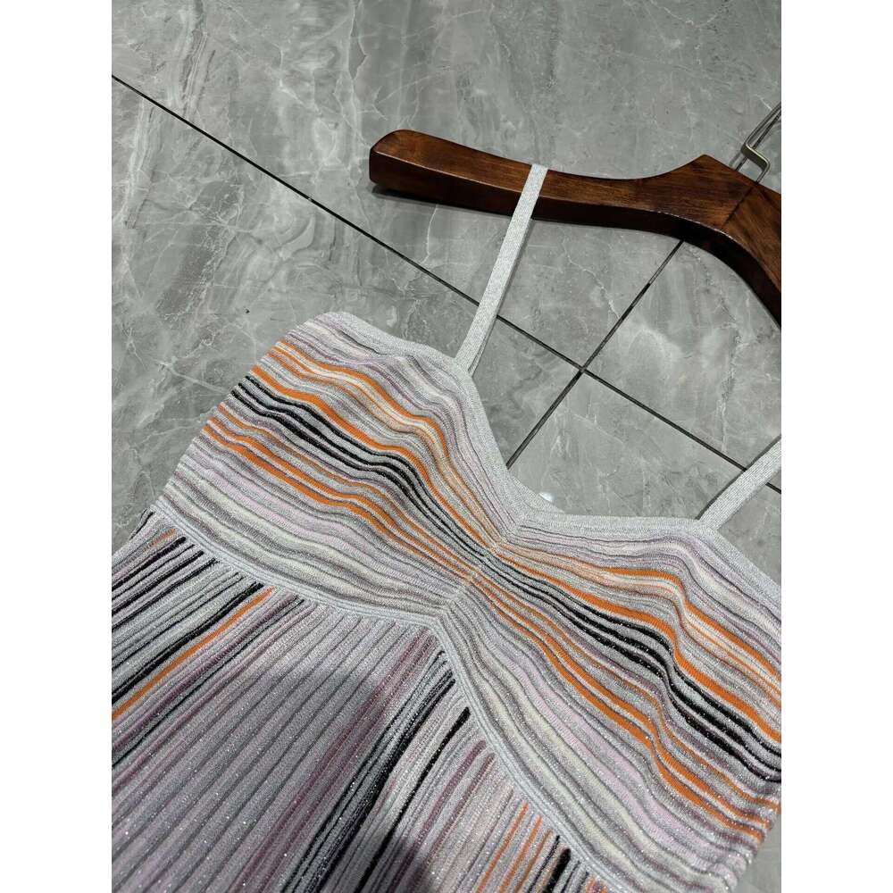 French Style Women Gold Thread Colored Striped V-Neck Knitted Long Fashion Lady High Waist A-Line Dress Female Prom Gown