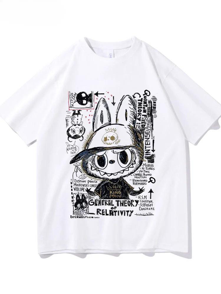 Labubu Graffiti Series Printed Designer T-shirt Men and Women Pure Cotton Lazy Wind Short Sleeve Cartoon Trend Oversized Top