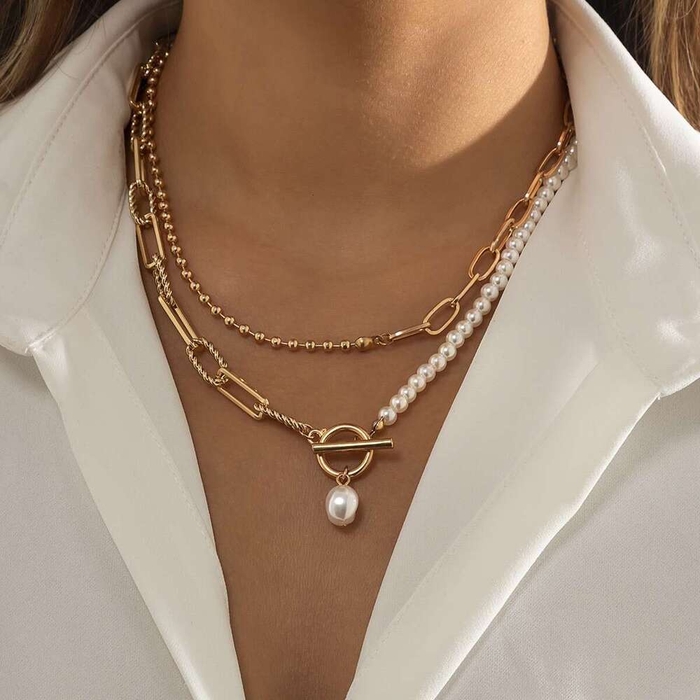 2025 hot designer Jewelry Fashion Long Round Bead Chain Layered Personality Pearl OT Buckle Necklace with gift box