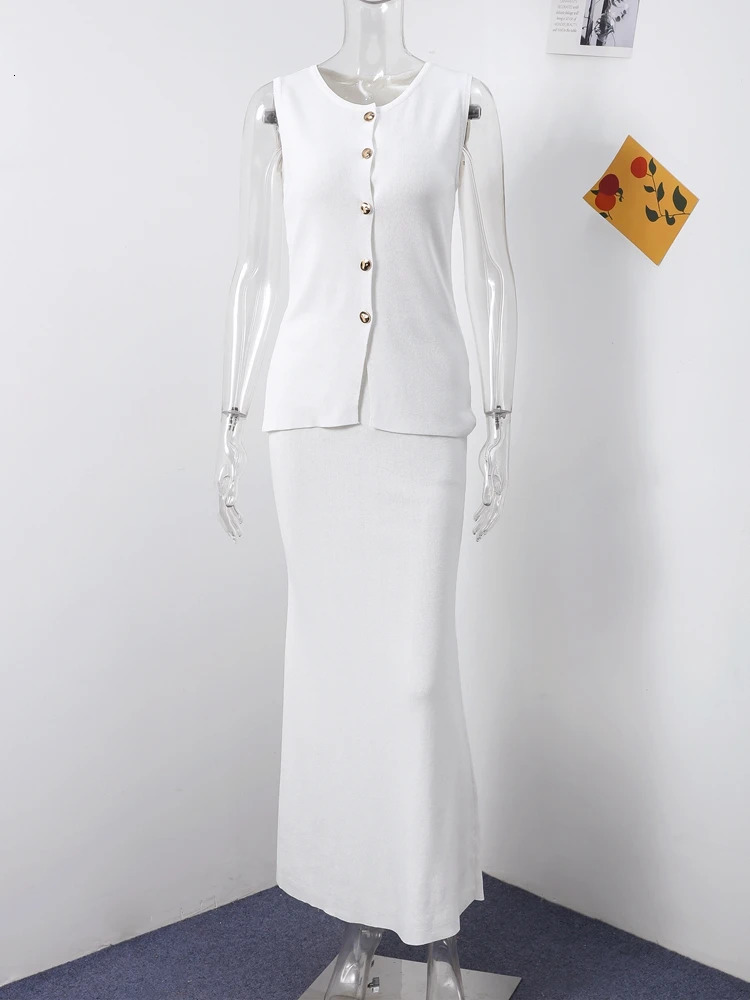 Solid Knit Sleeveless Vest Skirts Sets Women O-neck Single Breasted Vests Hip Package Long Skrit 2025 Spring Elegant Lady Sets 250605