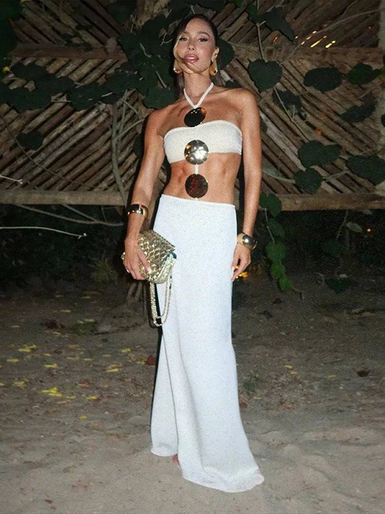 Metal Strapless Bikinis Halter Top Split Skirt Two Pieces Set Women Swimsuits Swimwear Hanging Neck Vacation Beach Mesh Dress 250605