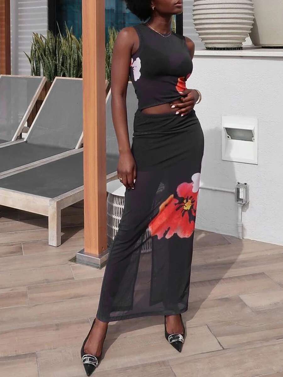 Elegant Floral Print Sleeveless Top and Maxi Skirt Set Stylish Summer Ensemble for Night Out or Special Occasion