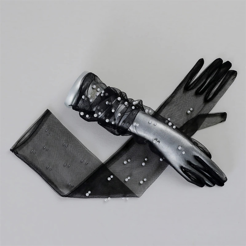 Women sexy Pearl Lace Tulle Gloves Wedding Bridal Gloves Mesh Yarn Long Full Finger Mittens 250603