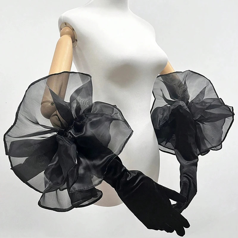 Elegant Mesh Ruffles Velvet Long Gloves Solid Color Hand Sleeve For Women Bridal Wedding Dress party Dress Etiquette Gloves 250603