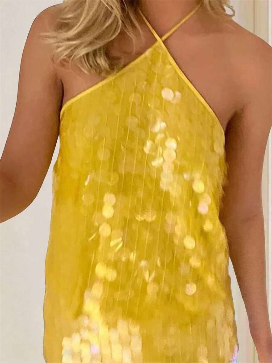 Sequin Embellished Tie-up Halter Neck Tank Top for Womensleeveless Summer Vest with Casual Streetwear Vibe