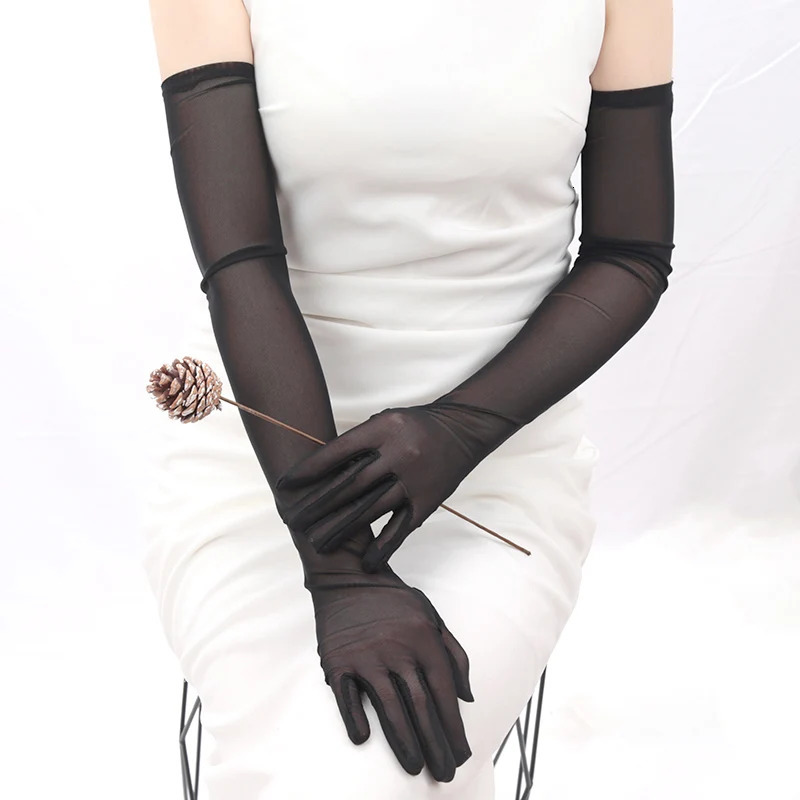 Sexy Lace Thin Elasticity Tulle Mesh Breathable Long Gloves Elegant Women Black Sunscreen Gloves Female Anti-UV Driving Mittens 250603