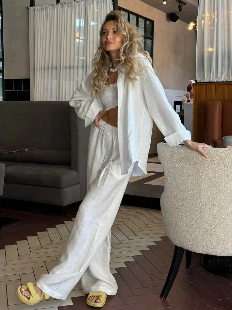 Solid Cotton Linen Drawstring Waist Pants Set Women Fashion Casual Single Breasted Lapel Loose Shirts Suit Female Holiday Outfit 250605