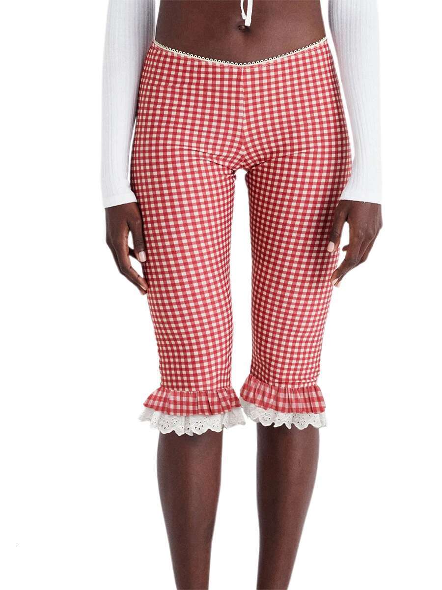 Womens Plaid Pants with Lace Ruffles and Stretchy Cropped Leggings for Summer Casual Wear