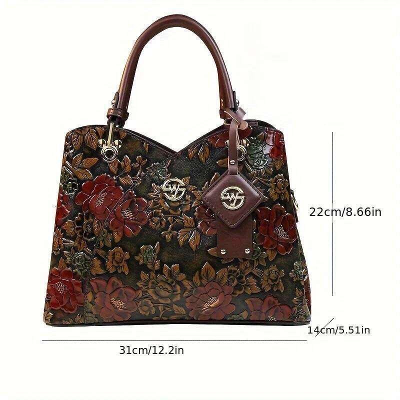 Vintage Flower Pattern Handbag, PU Leather Tote Bag, Fashion Crossbody Bag For Women