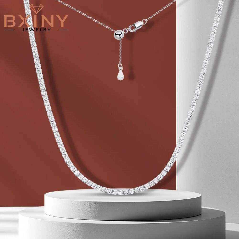 BXINY 2mm Moissanite Tennis Necklace S Sier Plated for Women Adjustable Choker Chain Bridal Jewelry Gifts GRA Certified