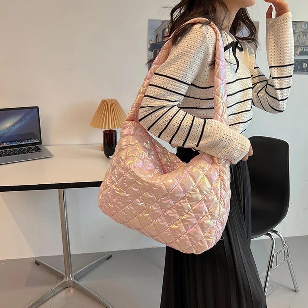 Autumn Winter Ladies Tote Handbags Large-capacity Cotton Padded Top-handle Bags Laser Multicolor Rhombus Winter Pattern Bag 250603