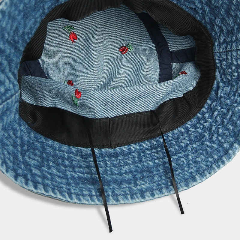 Korean Embroidered Heart Bucket Hat for Women Washed Denim Fisherman Cap Unisex Bob Caps Summer Panama Hats 250605