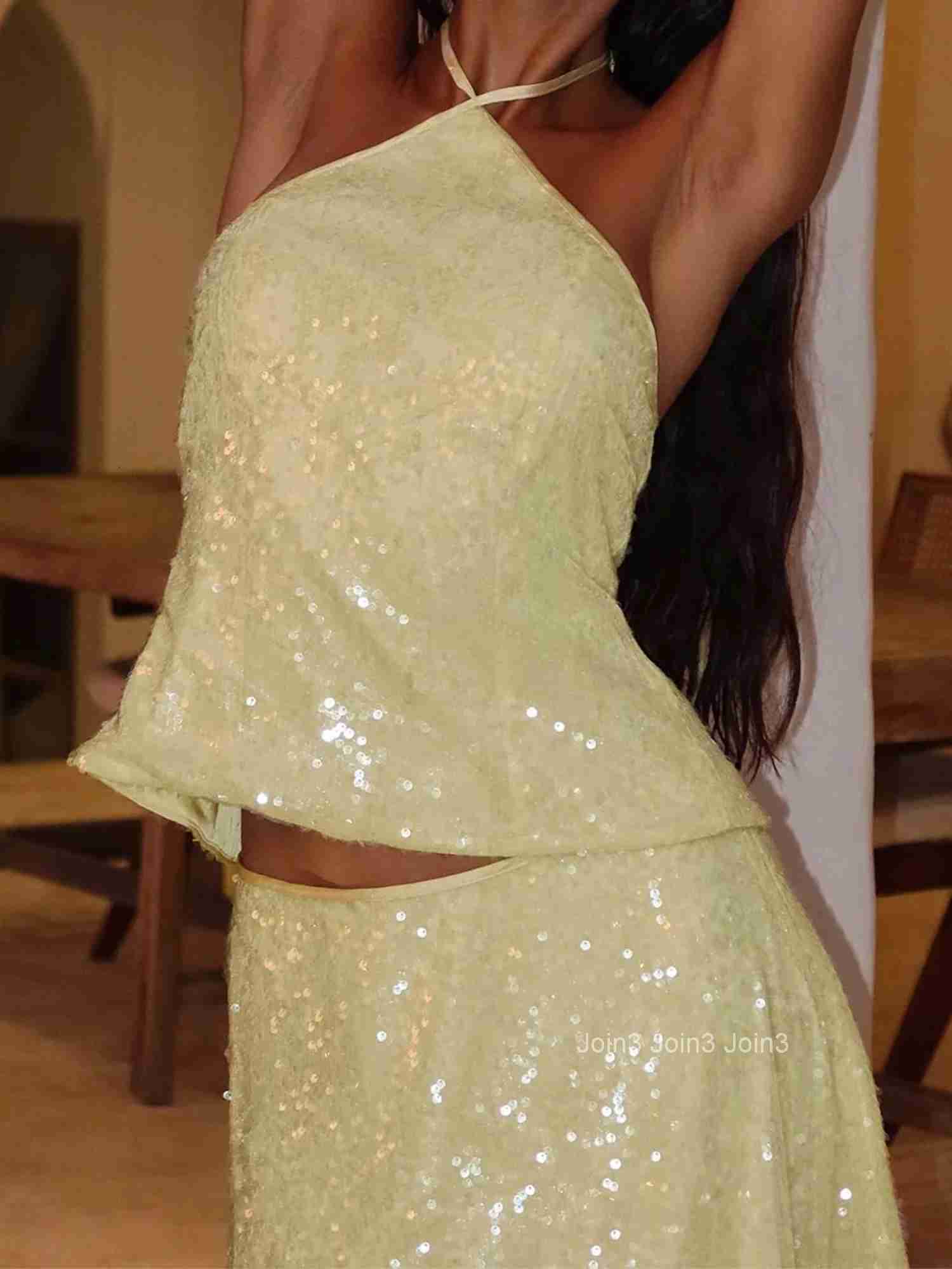 Sequined Halter Neck Crop Top with Tie-up Back and Sleeveless Design for Womens Streetwear Fashion and Grunge Style Clothing