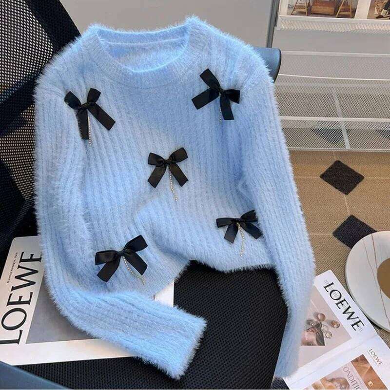 Y2k Bows Sweet Women Sweaters Autumn Winter Soft Elegant Short Pullovers Korean Fashion Solid Pull Femme Tops