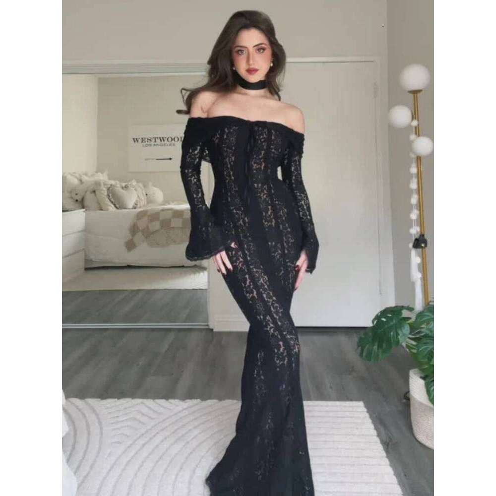 Elegant Cut Flared Long Sleeve Maxi Dress Women's Lace Up Hollow Out Off Shoulder Bodycon Vestidos Lady Outwear Vestido