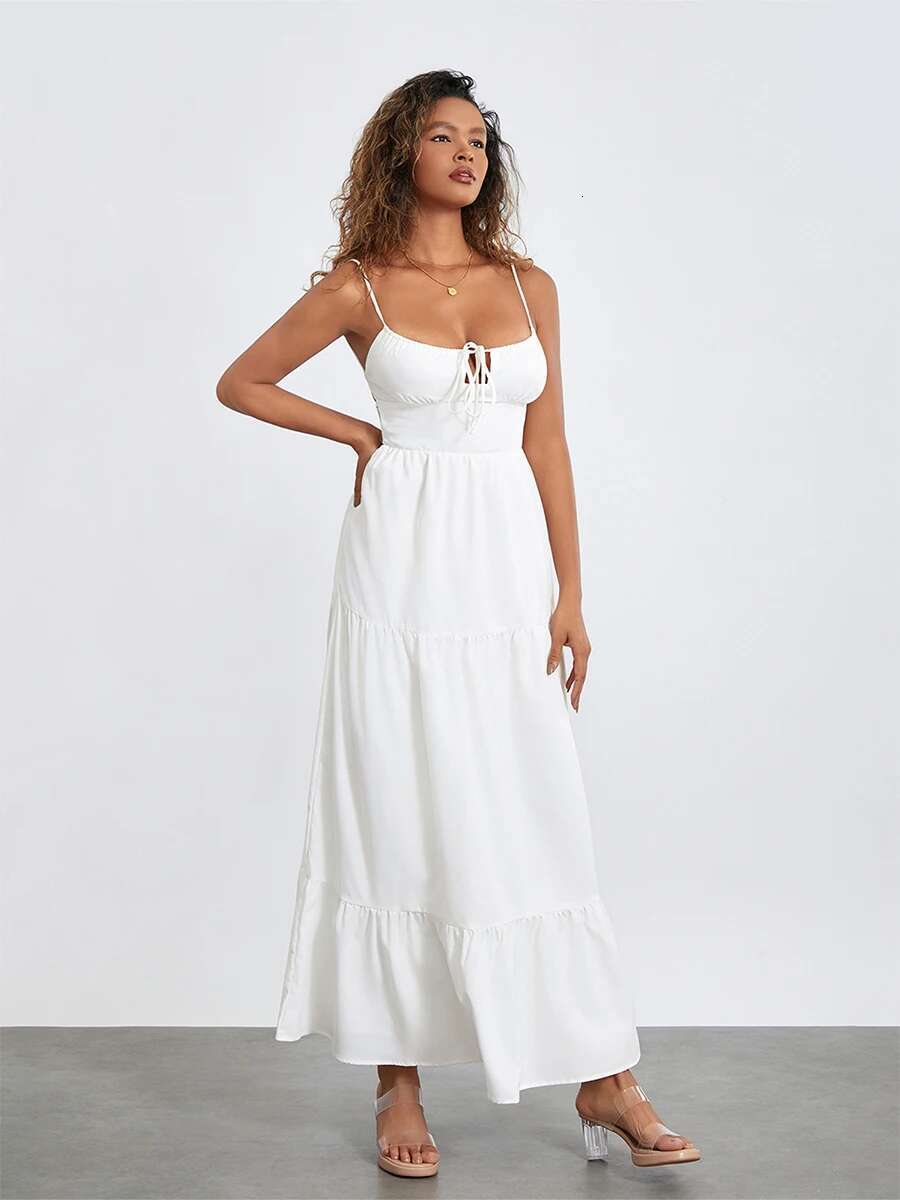 Womens Elegant Floral Print Maxi Dress with V-neckline and Adjustable Spaghetti Straps for Summer Beach Vacation