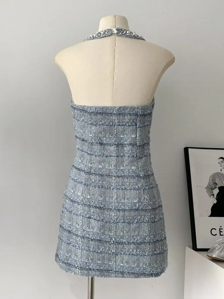 Korean Sweet Tweed Small Fragrance Tweed Dresses For Women Fashion Beading Summer Dress sweet Sexy Party Dress 250603