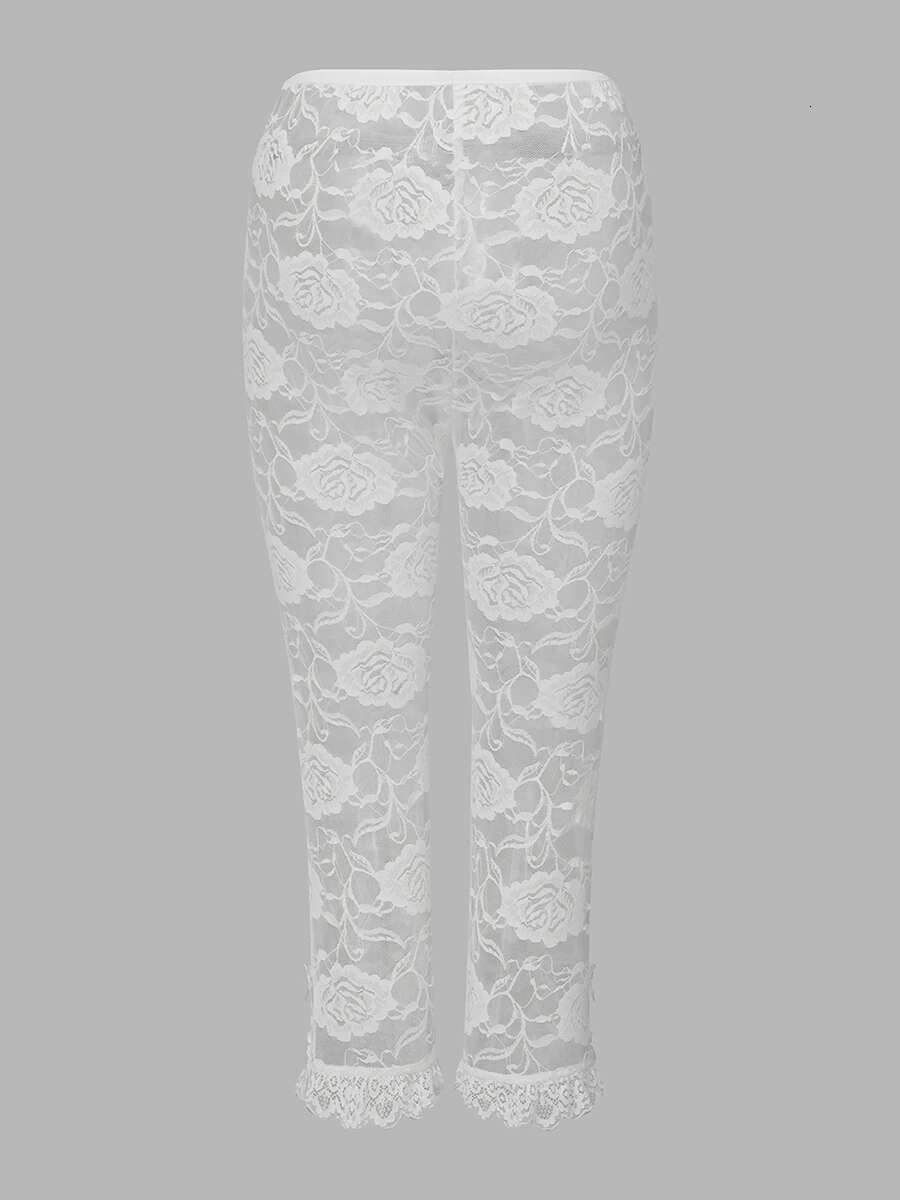 Womens Sheer Lace Cropped Leggings with Elastic Waistband and Skinny Fit for Summer Wear