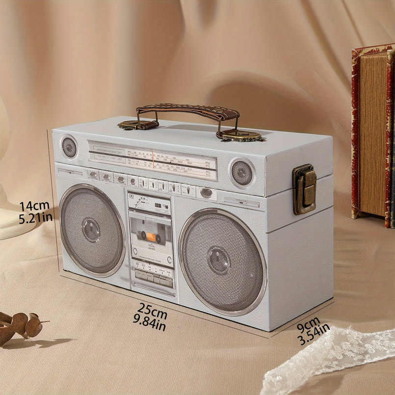 A Large Rectangular PU Radio Pattern Wooden Storage Box, Style, with Handle Flip Cover, Home Decor Ornament, Privacy Storage, New Year Gift Box