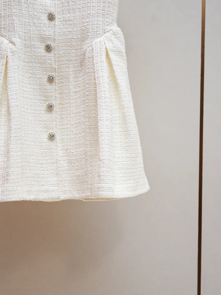 Crystal Short Sleeve Tweed Dress Women Summer Autumn Single Breasted Diamonds Button Mini Prom Party Dresses 250603