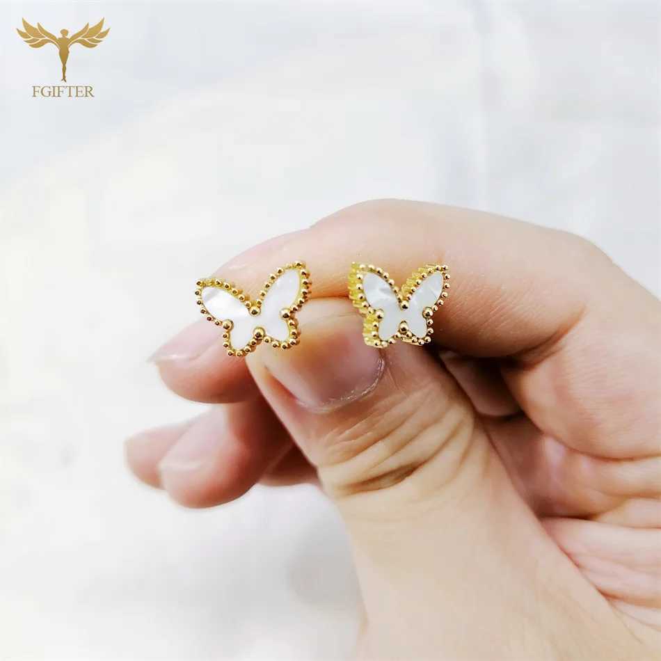 Golden Stainless Steel Shell Butterfly Necklace Earrings Jewelry Set White Black Red Green Butterfly Stud Pendant Girl Gifts Z250607