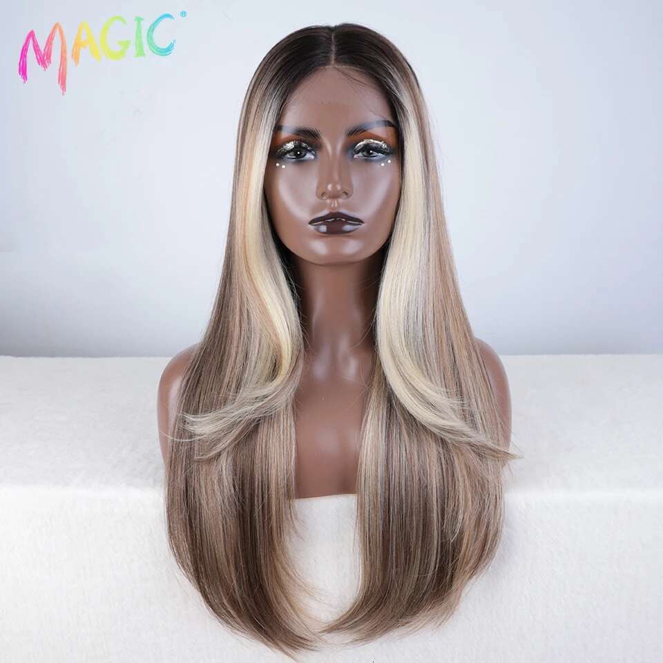 NAMM Magic Synthetic Front Wigs For Women Straight 28 Inche Bob Ombre Brown Blonde White Lace Glueless Cosplay Wig
