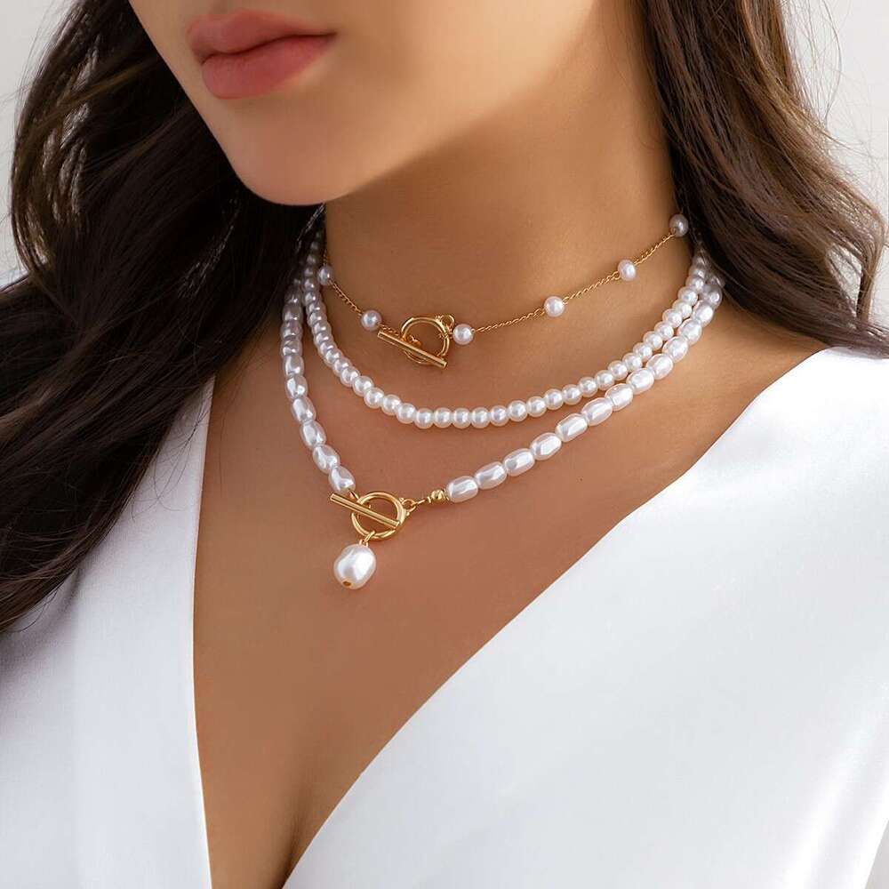 2025 hot designer Jewelry Fashion Long Round Bead Chain Layered Personality Pearl OT Buckle Necklace with gift box
