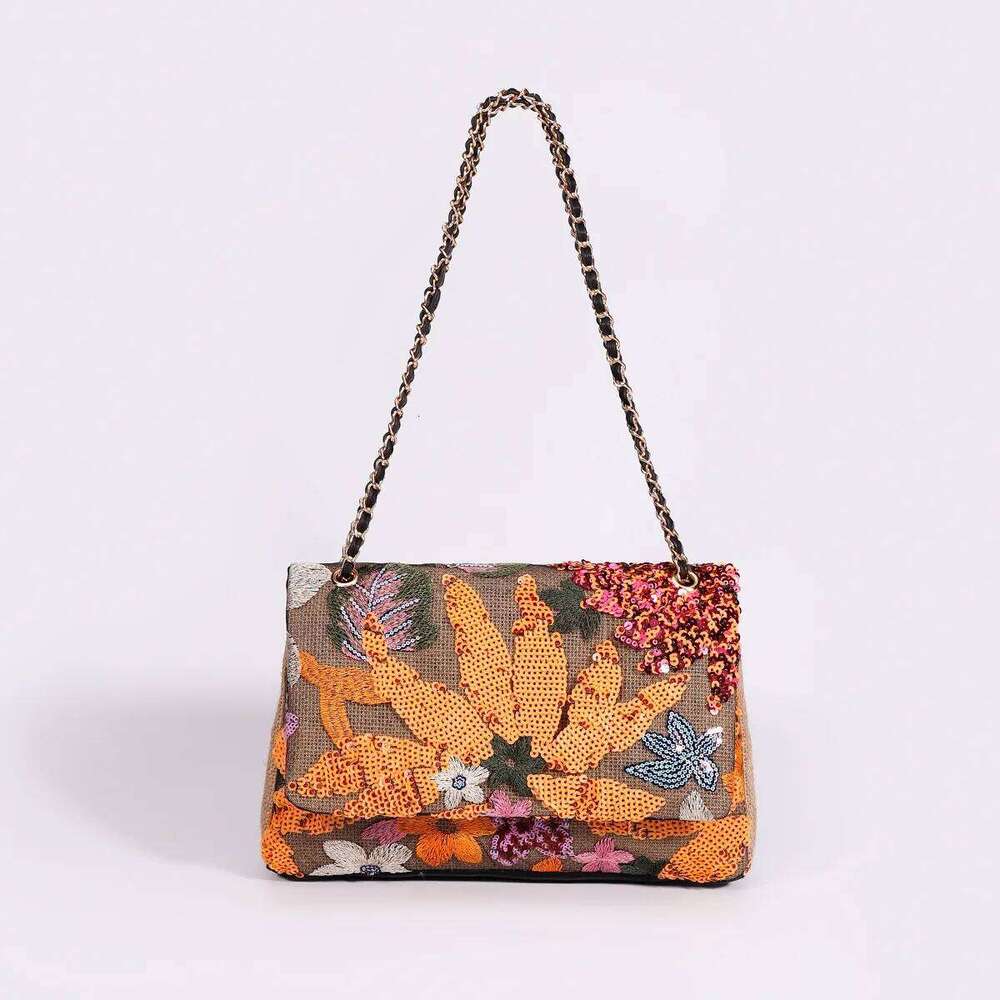 Women Straw Sequin Underarm Flower Pattern Large Capacity New Style Braided Chain Crossbody Border Shoulder Bag