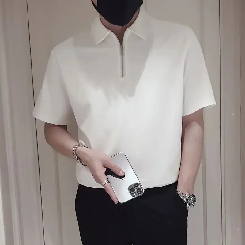 Plain Mens with Collar T-shirt White Black Green Zipper Male Polo Shirts Quick-drying Party Slim Fit Xl Clothes Kpop Tops 250606