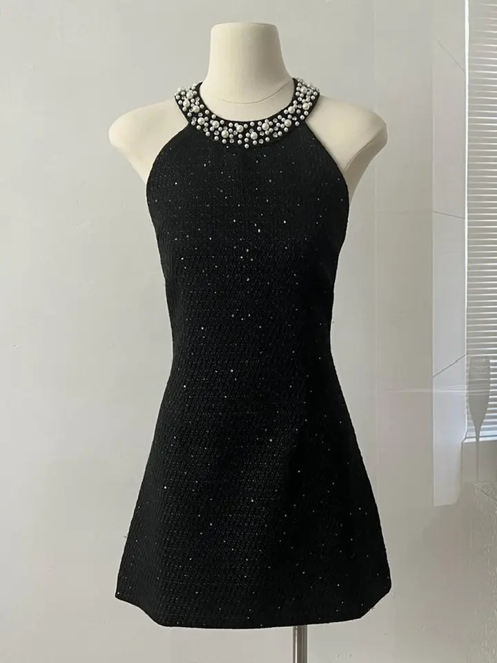 Korean Sweet Tweed Small Fragrance Tweed Dresses For Women Fashion Beading Summer Dress sweet Sexy Party Dress 250603