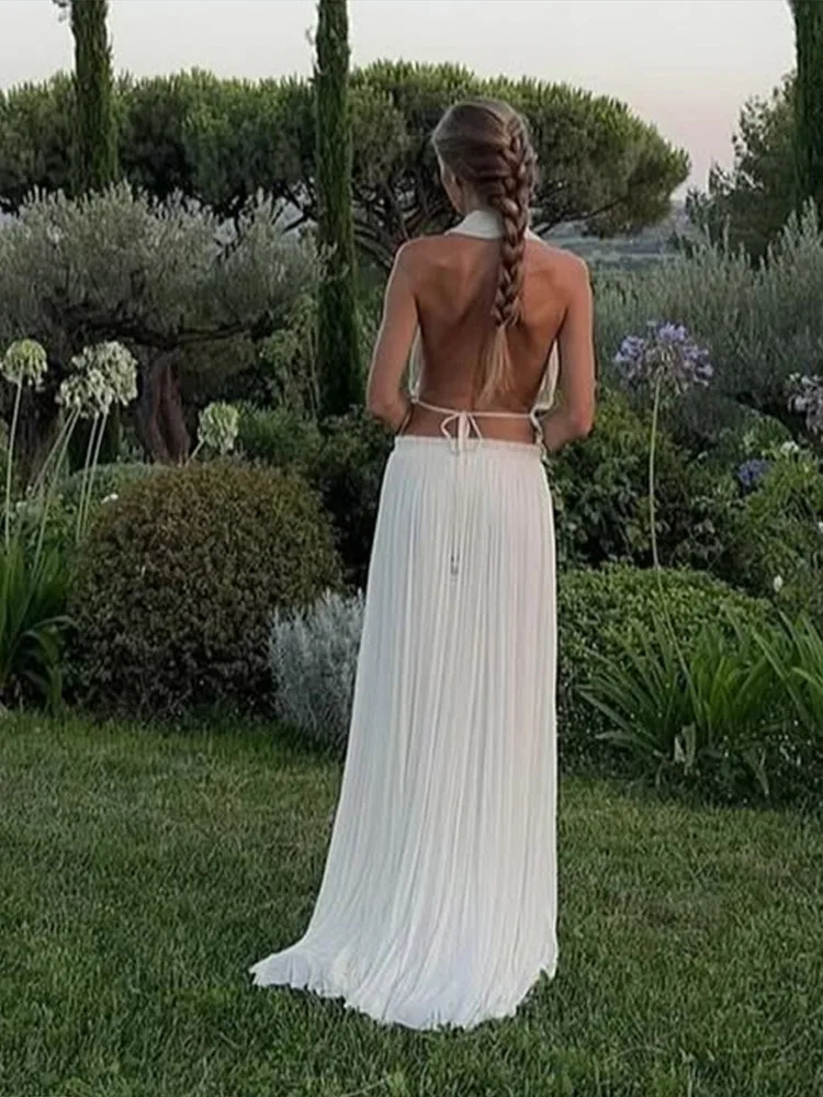 Elegant Pleated Top Skirt Sets Women White Sleeveless V-neck Tops Midi Skirts Female Suit 2025 Spring Summer Beach Lady Robe 250605