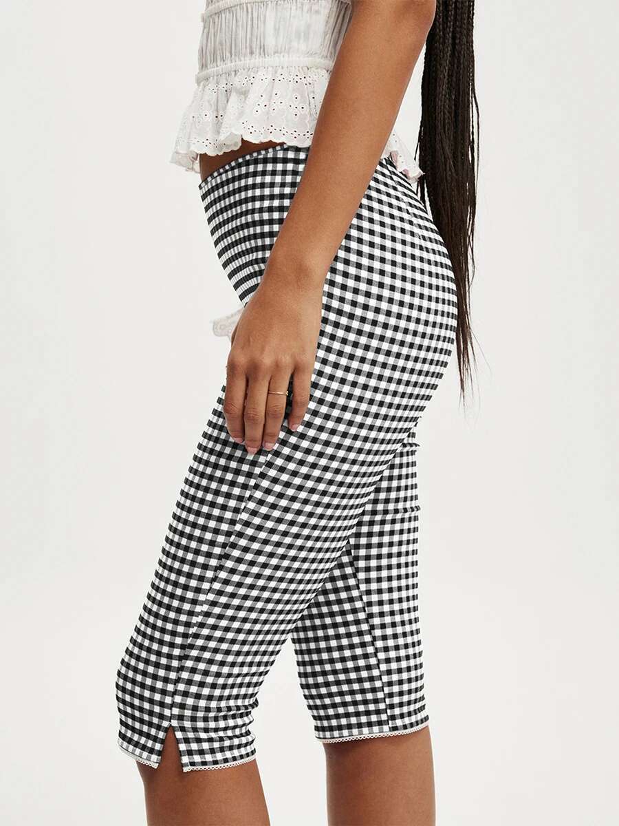 Ladies Checkered Cropped Trousers with Mid-rise Waist and Stylish Knee-length Side Slits Perfect for Everyday Wear or Night