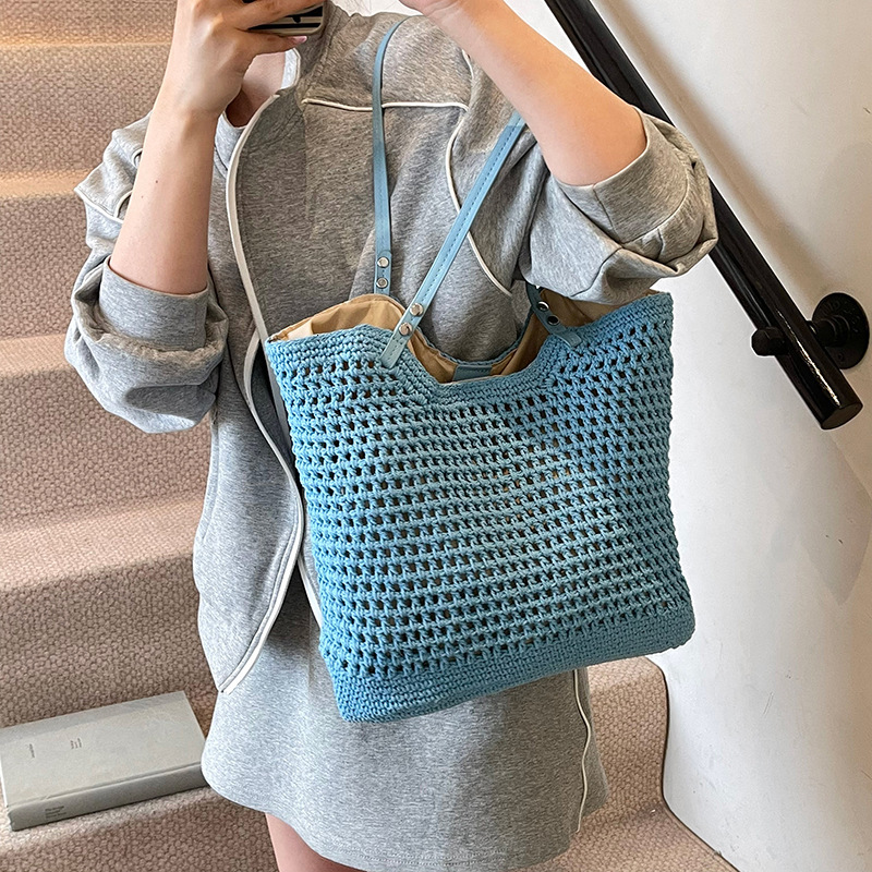 designer Casual Hollow Out Single Shoulder Cotton Woven Bag New Lazy Style Handheld Straw Bag Beach Vacation Beach Bag Women's Bag