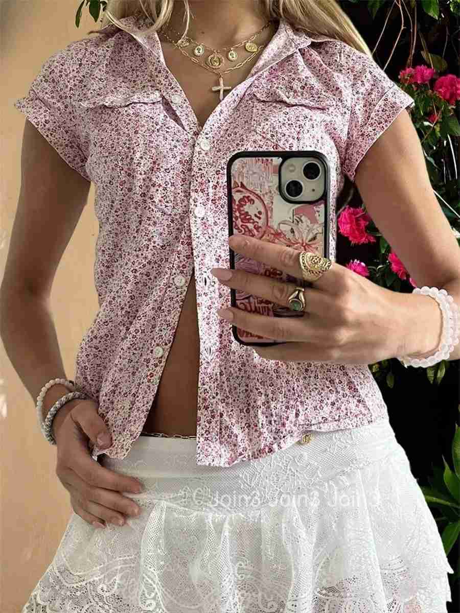 Womens Floral Print Button Down Short Sleeve Shirt with Loose Fit and Front Pocket - Stylish Summer Vacation Top for Women