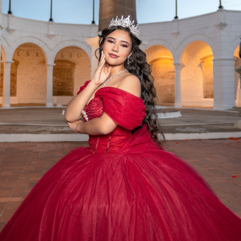 Red Shiny Quinceanera Dresses Ball Gown Off The Shoulder Beading Tull Sweet 16 Dress Vestidos 15 De Anos