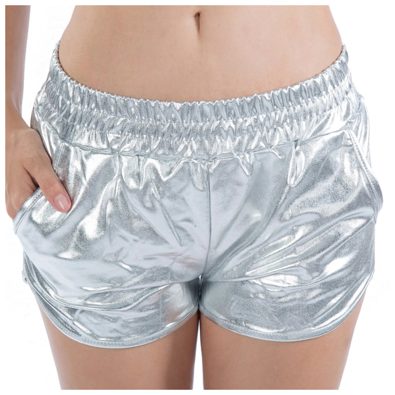 Booty Dance WomenS Shorts Shiny Pants Yoga Sparkly Drawstring Outfit Elastic Waist Rave Metallic Pantalones Cortos 250529Z