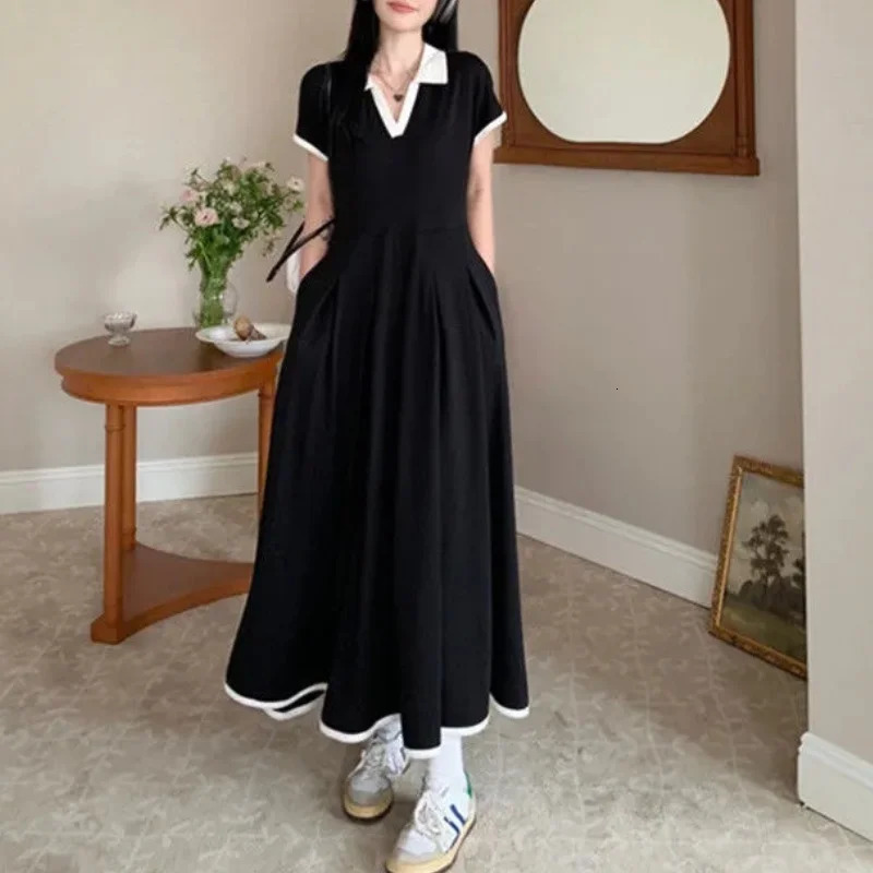 Plus Size Office Ladys Elegant Black Dress Short Sleeve Loose Pleated Midi Casual Matching Vintage Hepburn 250526